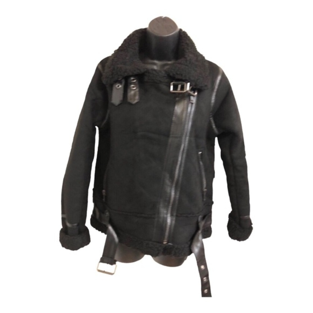 Black moto bomber‎ buckled faux shearling leather coat jacket size large new